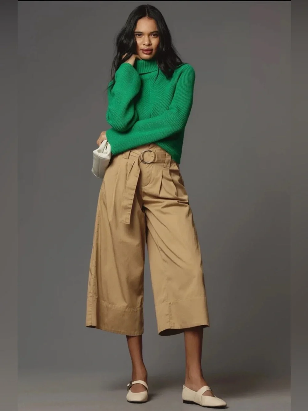 NWT Anthropologie Maeve High-Rise Belted Culottes Wide Leg Pants Khaki - Picture 2 of 8